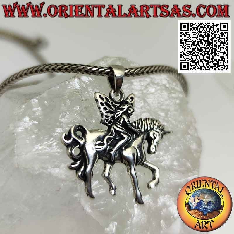 Silver pendant, the fairy on the unicorn