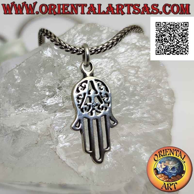 Silberanhänger, Hand von Fatima oder Hamsa perforiert mit Dekoration auf der Handfläche (mittel)