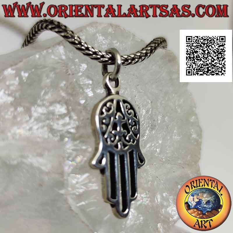 Colgante de plata, mano de Fátima o Hamsa perforada con decoración en la palma (mediana)