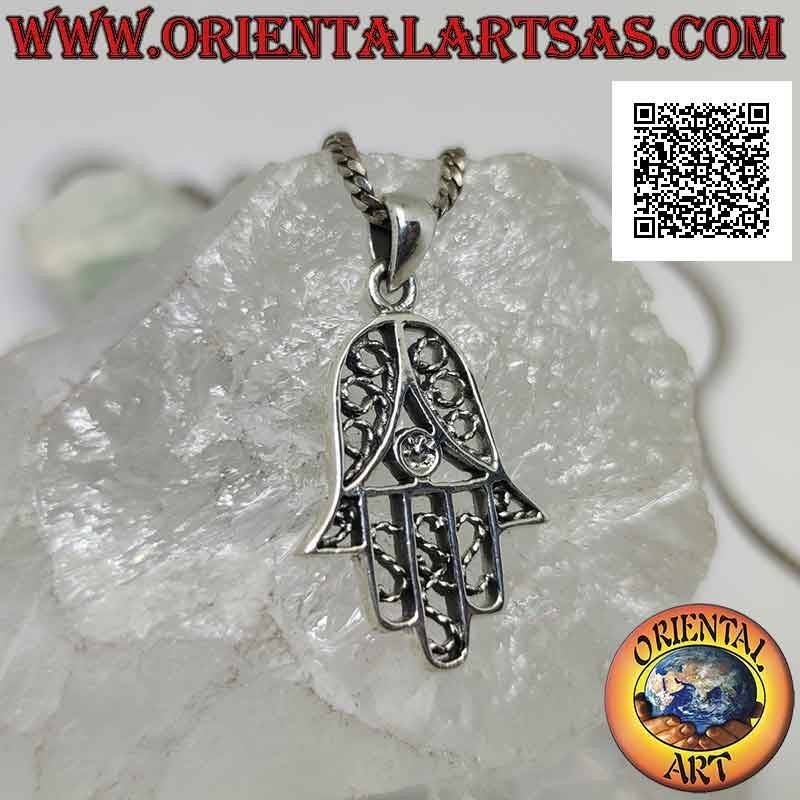Silver pendant, hand of Fatima or Hamsa entirely perforated and decorated with braided thread