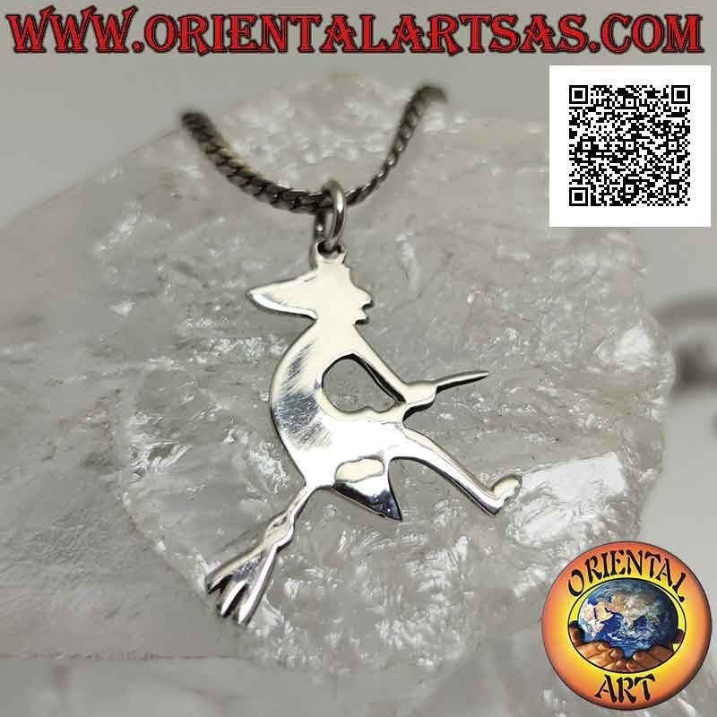 Smooth silver pendant, the befana witch on the flying broom in profile