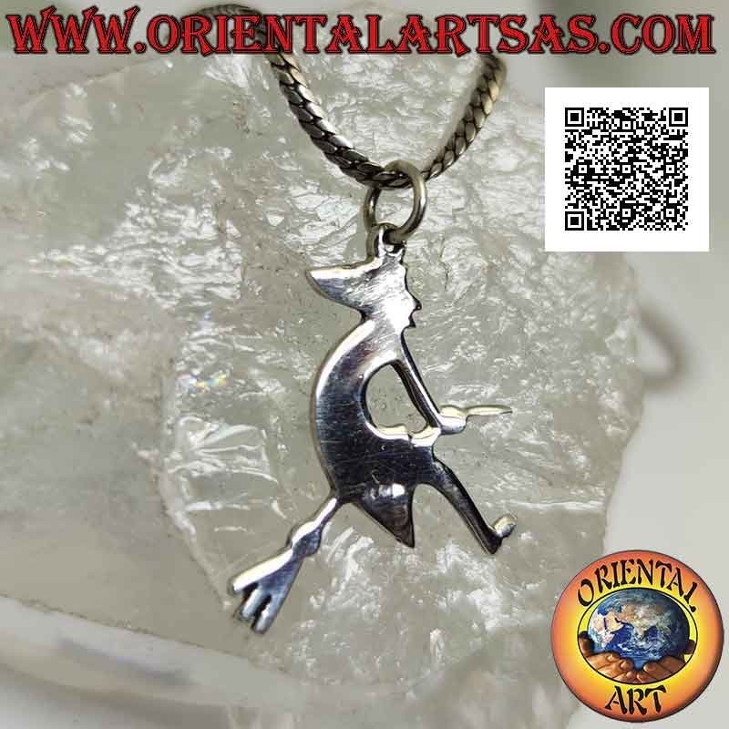 Smooth silver pendant, the befana witch on the flying broom in profile