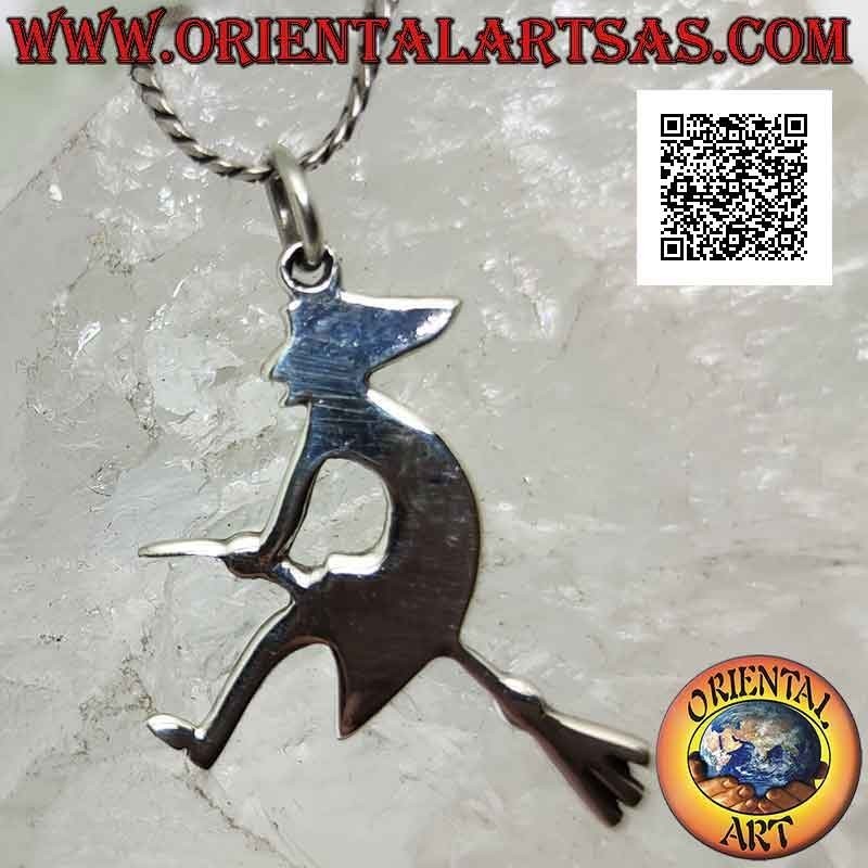 Smooth silver pendant, the befana witch on the flying broom in profile
