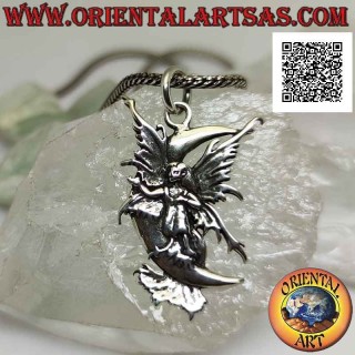 Silver pendant, the fairy with outstretched wings on the crescent moon