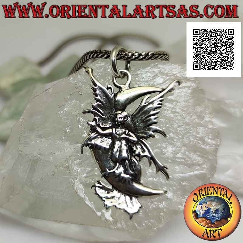 Silver pendant, the fairy with outstretched wings on the crescent moon