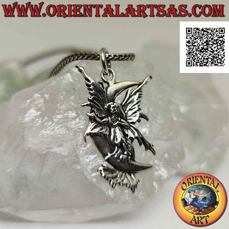 Silver pendant, the fairy with outstretched wings on the crescent moon
