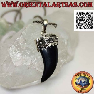 Silberanhänger, Glückshorn aus zerkleinertem Onyx und Silberkappe mit geprägter Blume