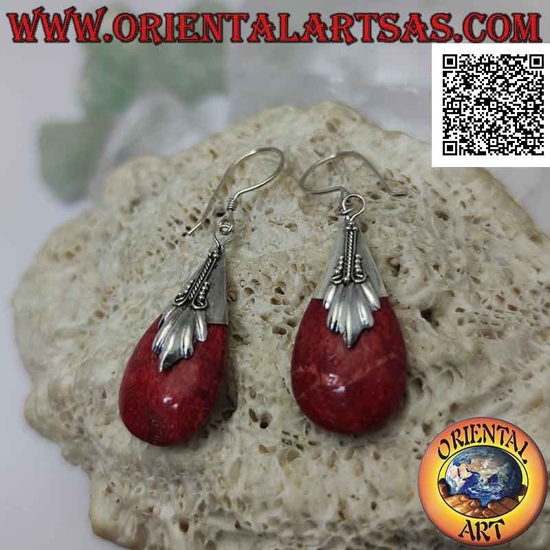 Boucles d'oreilles pendantes tridimensionnelles en corail corail (rouge) et crochet décoré