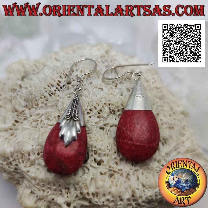 Three-dimensional drop earrings in coral coral (red) and decorated hook