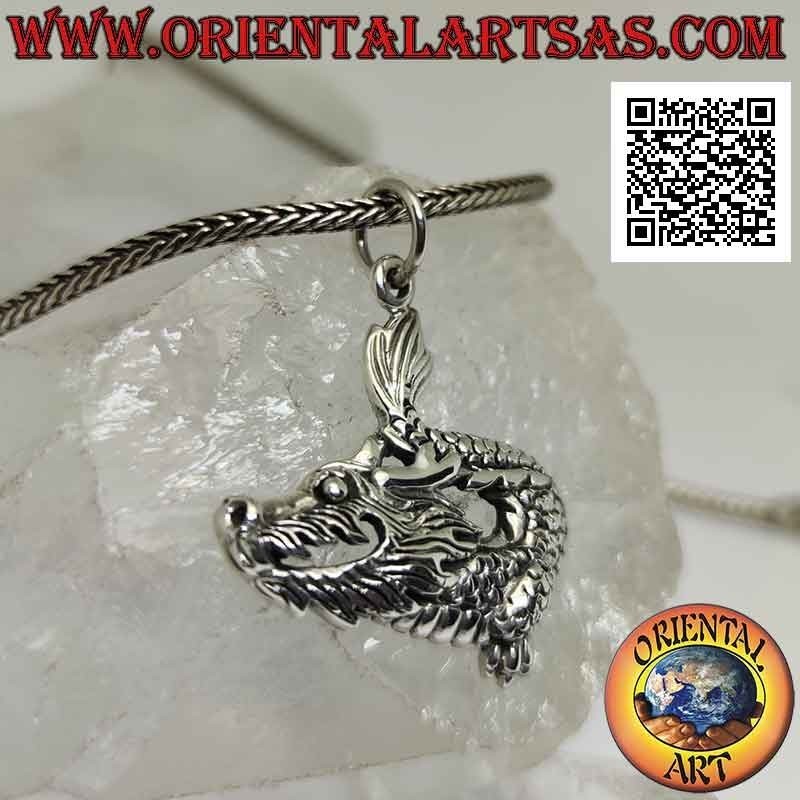 Silver pendant, dragon head and tail in profile