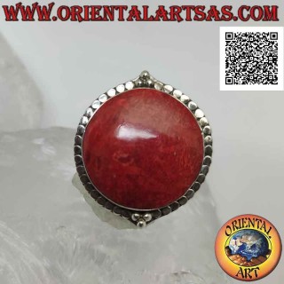 Silver ring with round red madrepora (coral) surrounded by studs and adjustable trio of balls