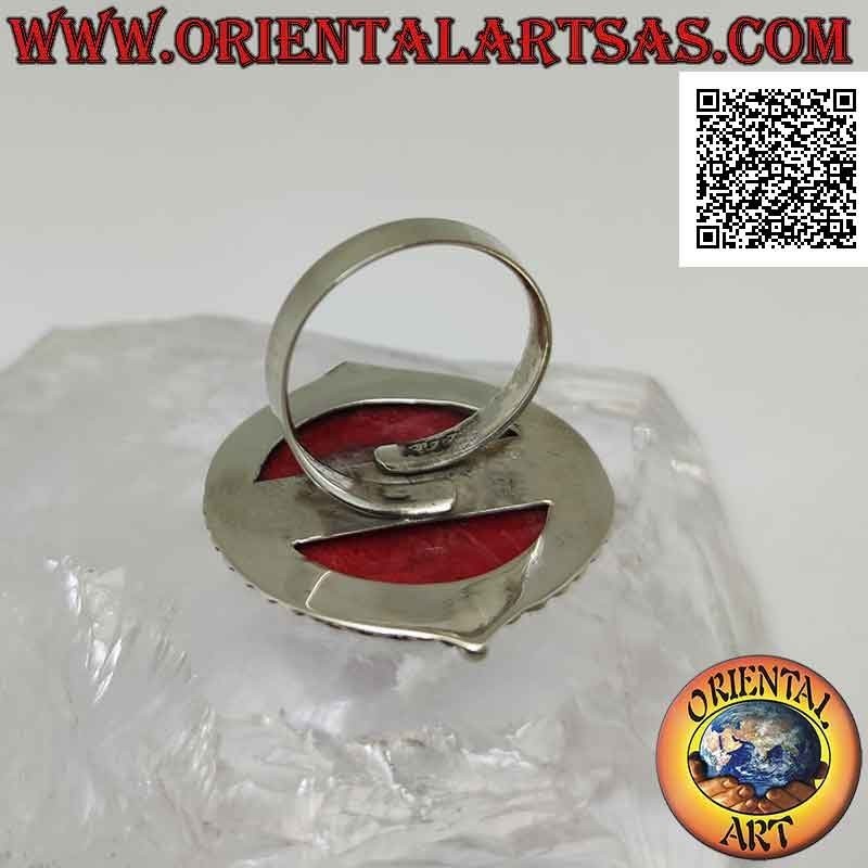Silver ring with round red madrepora (coral) surrounded by studs and adjustable trio of balls
