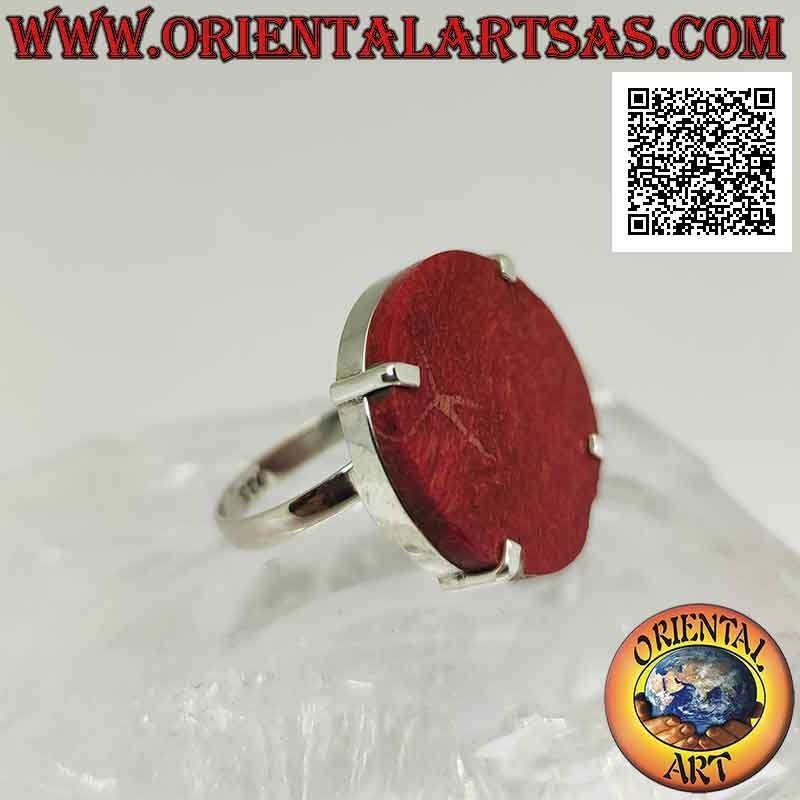 Silver ring with round red madrepora (coral) set at four (adjustable)