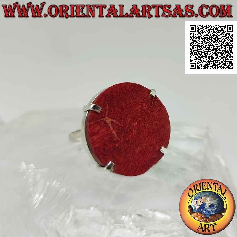 Anello in argento con madrepora rossa (corallo) tonda incastonata a quattro (regolabile)