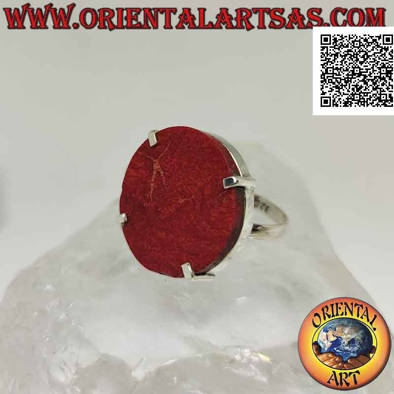 Anillo de plata con madrepora roja redonda (coral) engastado en cuatro (ajustable)