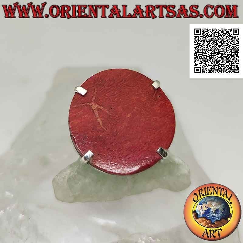 Anillo de plata con madrepora roja redonda (coral) engastado en cuatro (ajustable)