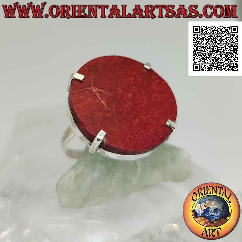 Silver ring with round red madrepora (coral) set at four (adjustable)