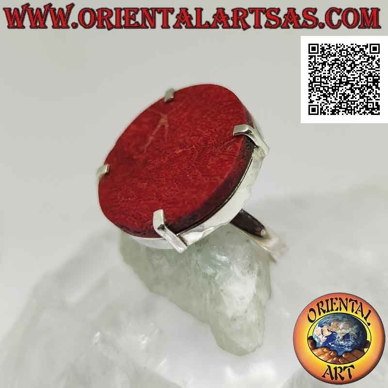 Anello in argento con madrepora rossa (corallo) tonda incastonata a quattro (regolabile)