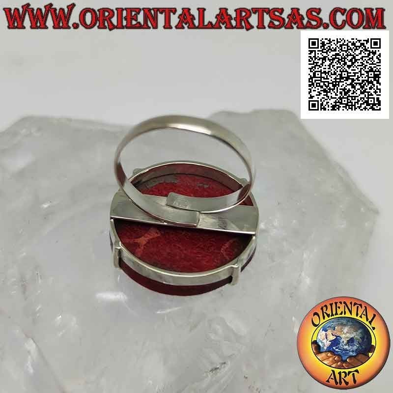 Bague en argent avec madrepora rouge rond (corail) sertie à quatre (réglable)