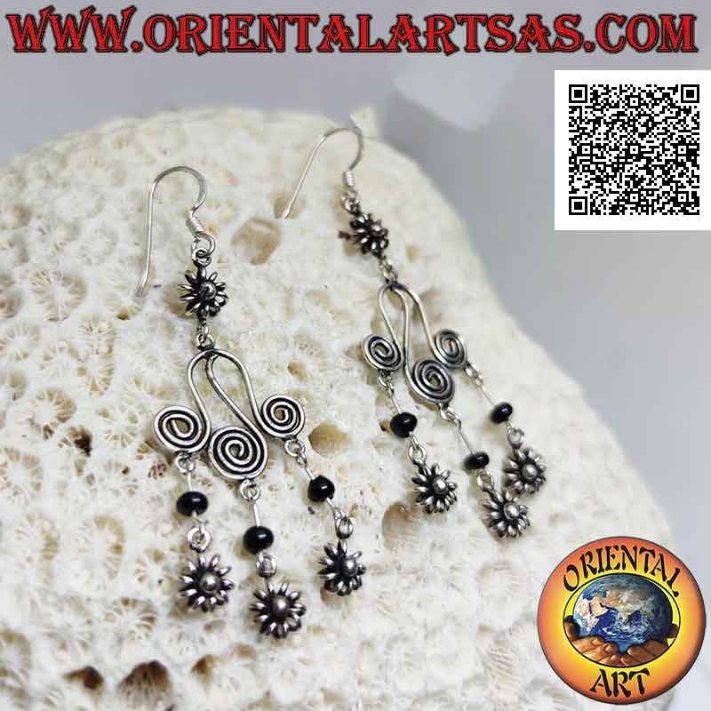Silver leverback earrings with flower and trio of spirals, onyx sphere and hanging flowers