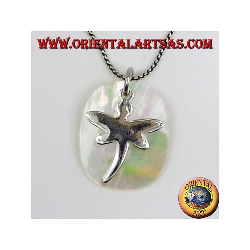 silver pendant Dragonfly on mother of pearl plate