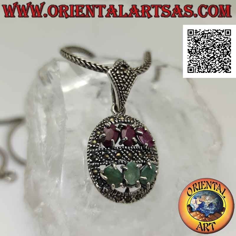Silver pendant, oval studded with marcasite with trio of rubies and natural emeralds in the hemispheres