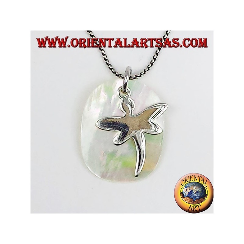 silver pendant Dragonfly on mother of pearl plate
