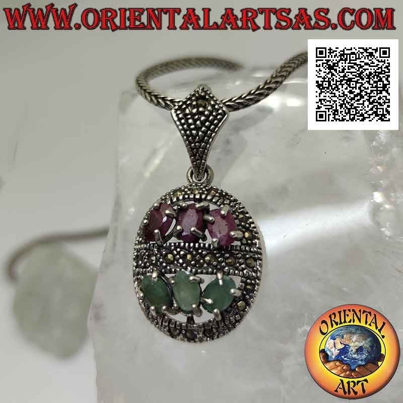 Silver pendant, oval studded with marcasite with trio of rubies and natural emeralds in the hemispheres