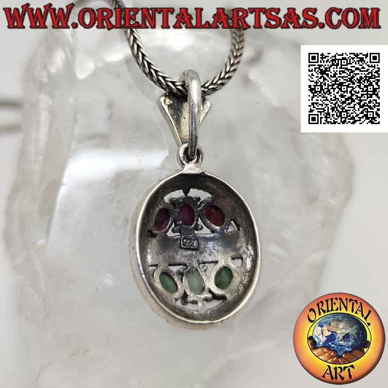 Silver pendant, oval studded with marcasite with trio of rubies and natural emeralds in the hemispheres