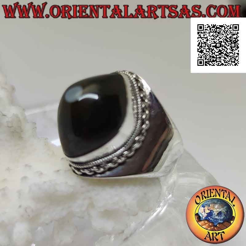 Bague en argent avec agate noire oeil de Shiva en navette et bord chaîne sur serti lisse (g)