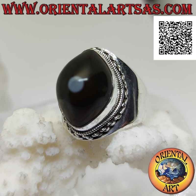 Silberring mit schwarzem Shiva's Eye Achat im Shuttle und Kettenrand auf glatter Fassung (g)