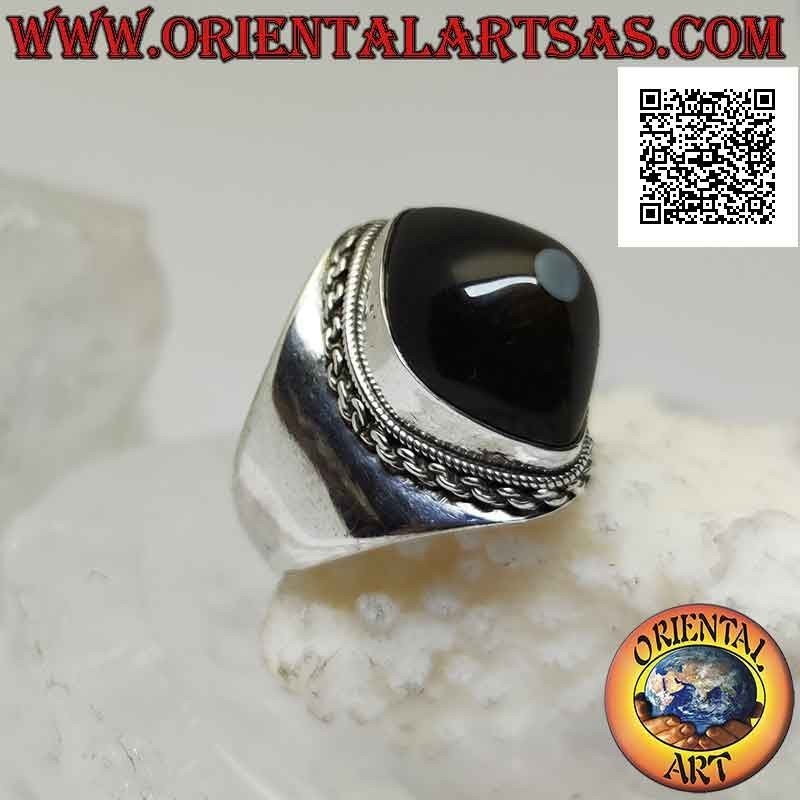 Silberring mit schwarzem Shiva's Eye Achat im Shuttle und Kettenrand auf glatter Fassung (g)