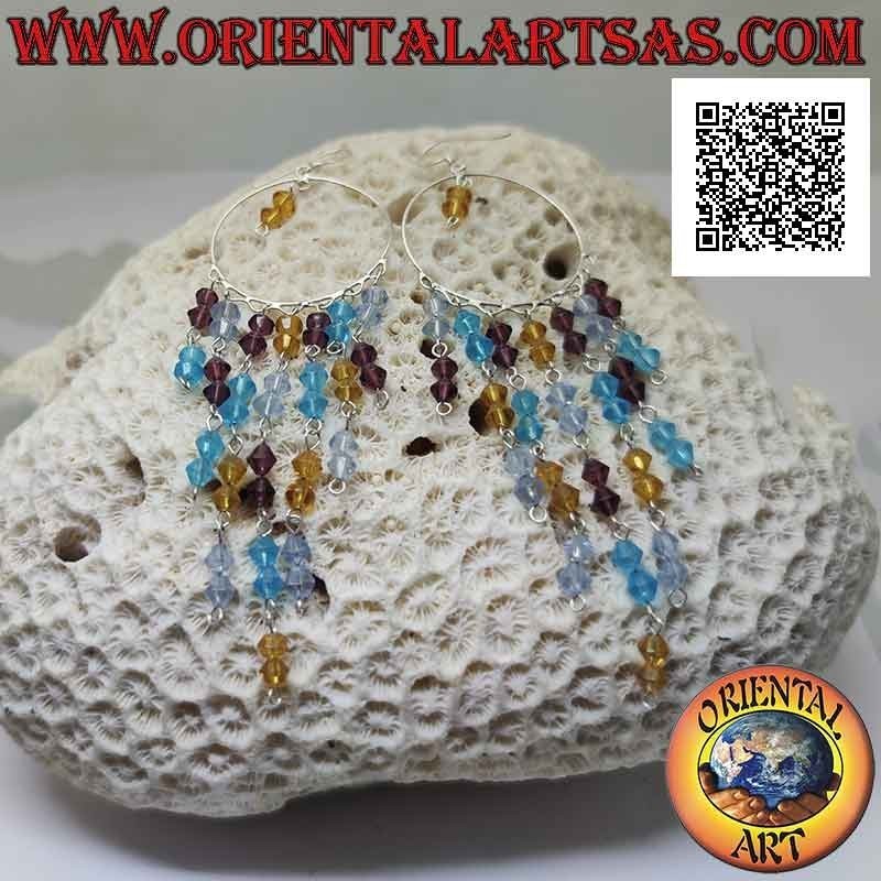 Orecchini in argento, cerchio da 32 mm con serie di cristalli colorati pendenti