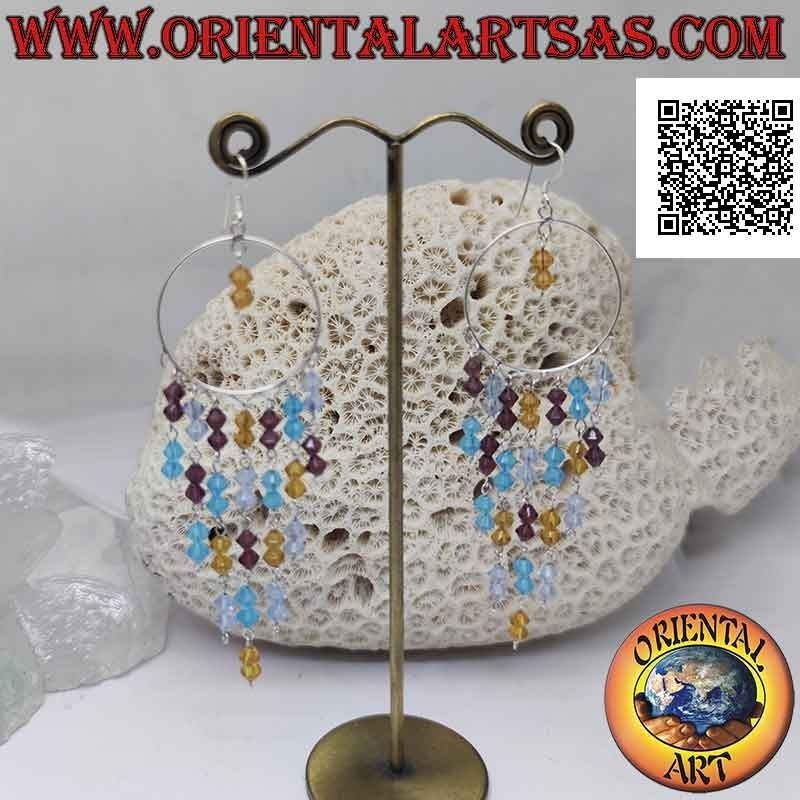 Pendientes de plata, círculo de 32 mm con una serie de cristales de colores colgantes