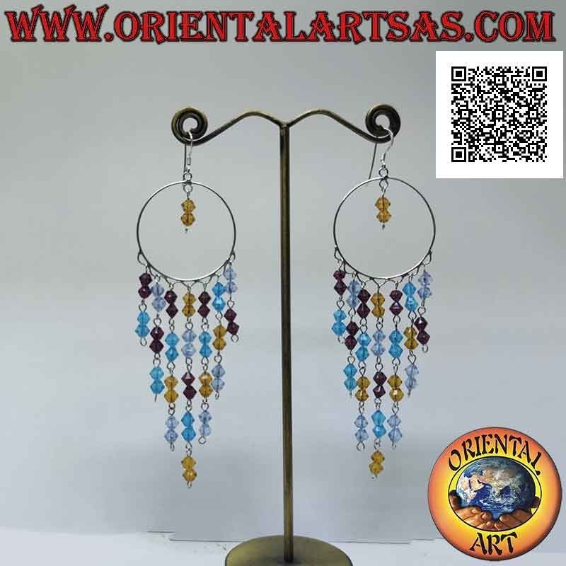 Boucles d'oreilles en argent, cercle de 32 mm avec une série de cristaux colorés suspendus
