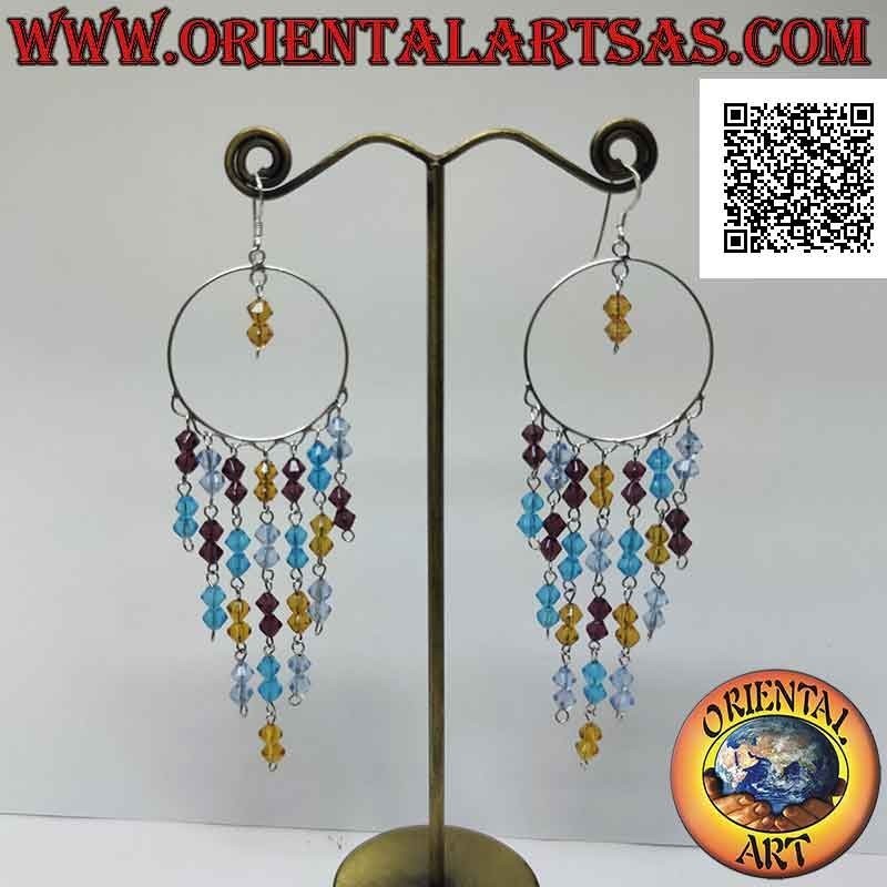 Pendientes de plata, círculo de 32 mm con una serie de cristales de colores colgantes