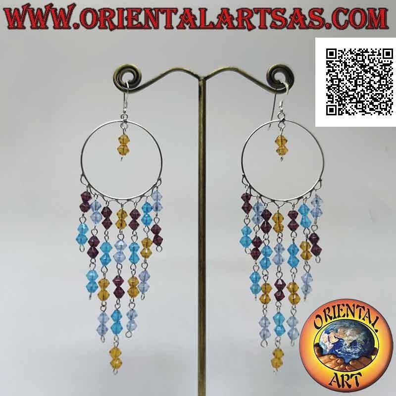 Pendientes de plata, círculo de 32 mm con una serie de cristales de colores colgantes