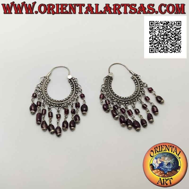 Silver earrings, 25 mm flattened circle studded with hanging garnets