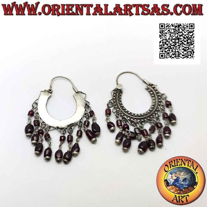 Silver earrings, 25 mm flattened circle studded with hanging garnets