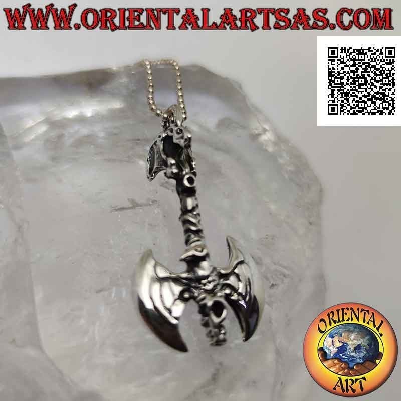 Silver pendant, double ax surmounted by a dragon on the handle and with embossed eagle on the blades