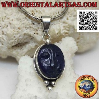 Pendentif en argent, camée en lapis-lazuli ovale naturel avec bord lisse et trio de boules en dessous
