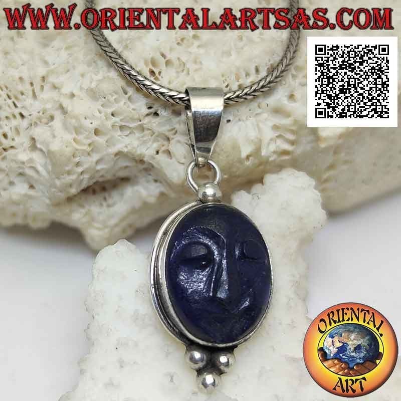 Colgante de plata, camafeo de lapislázuli ovalado natural con borde liso y trío de bolas debajo