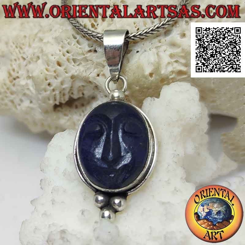 Pendentif en argent, camée en lapis-lazuli ovale naturel avec bord lisse et trio de boules en dessous