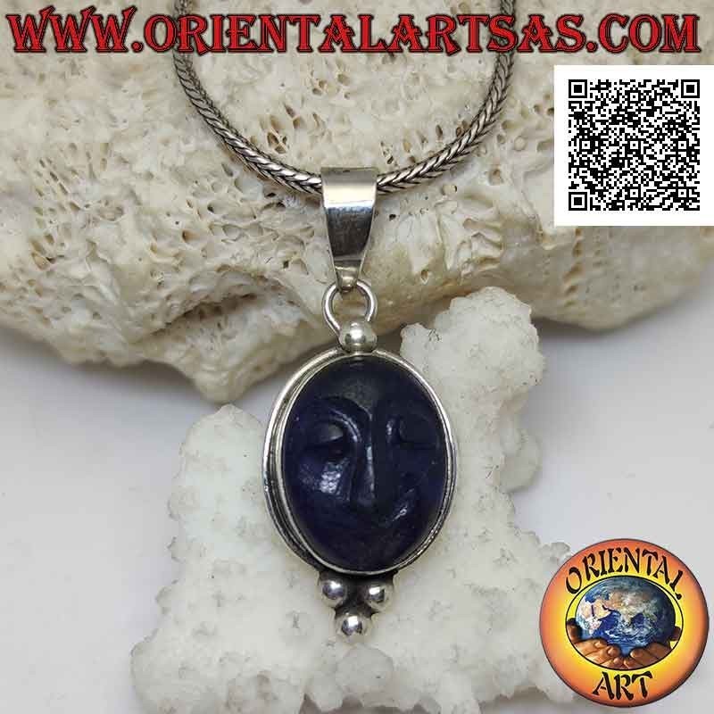 Pendentif en argent, camée en lapis-lazuli ovale naturel avec bord lisse et trio de boules en dessous