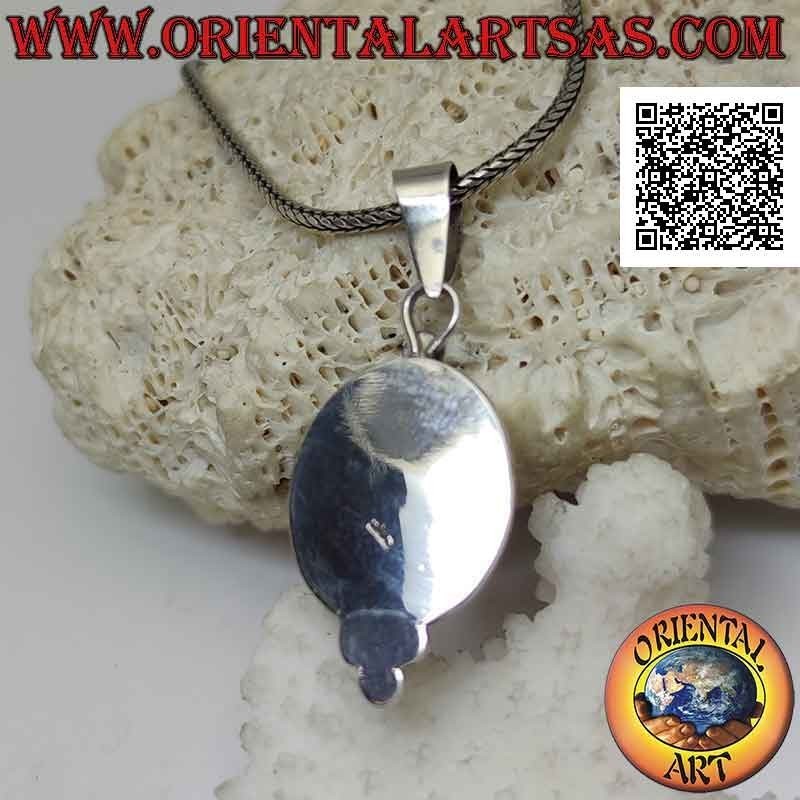 Silver pendant, natural oval lapis lazuli cameo with smooth edge and trio of balls underneath