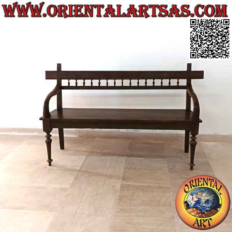 Banc trois places avec dossier colonne fait main en bois de teck antique