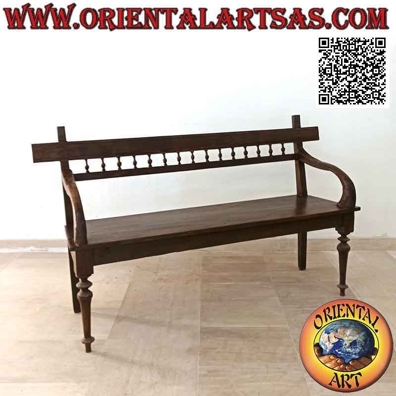 Banco de tres plazas con respaldo de columna hecho a mano en madera de teca antigua