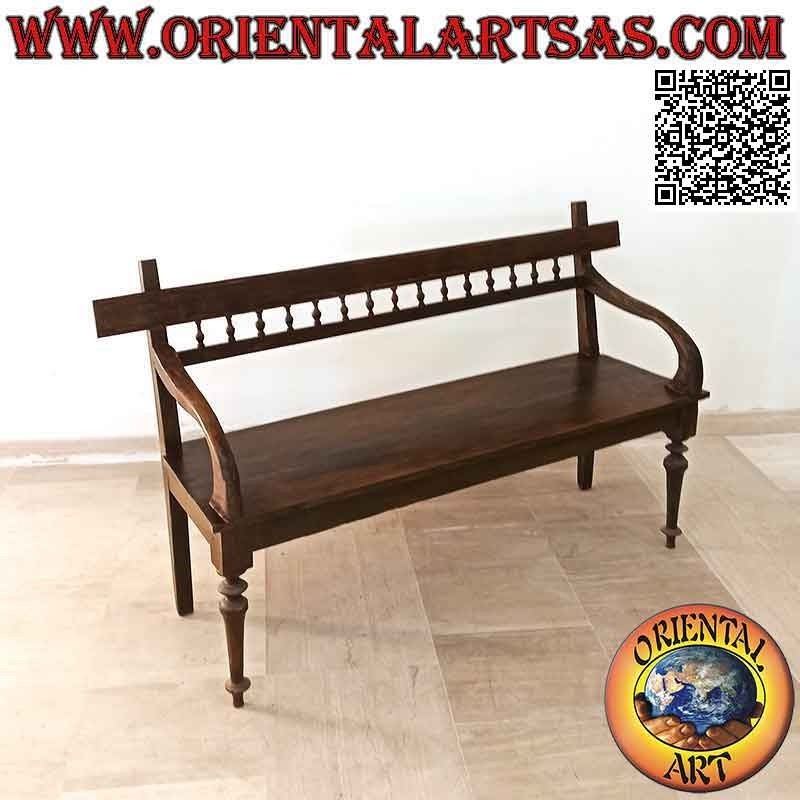 Banc trois places avec dossier colonne fait main en bois de teck antique