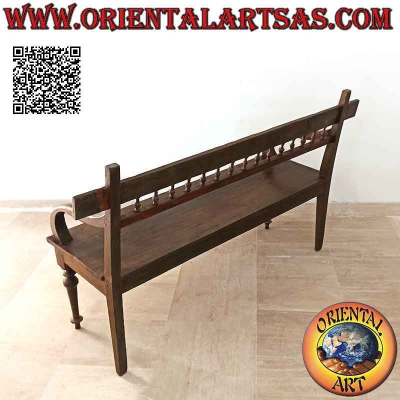Three-seater bench with column backrest handmade in antique teak wood