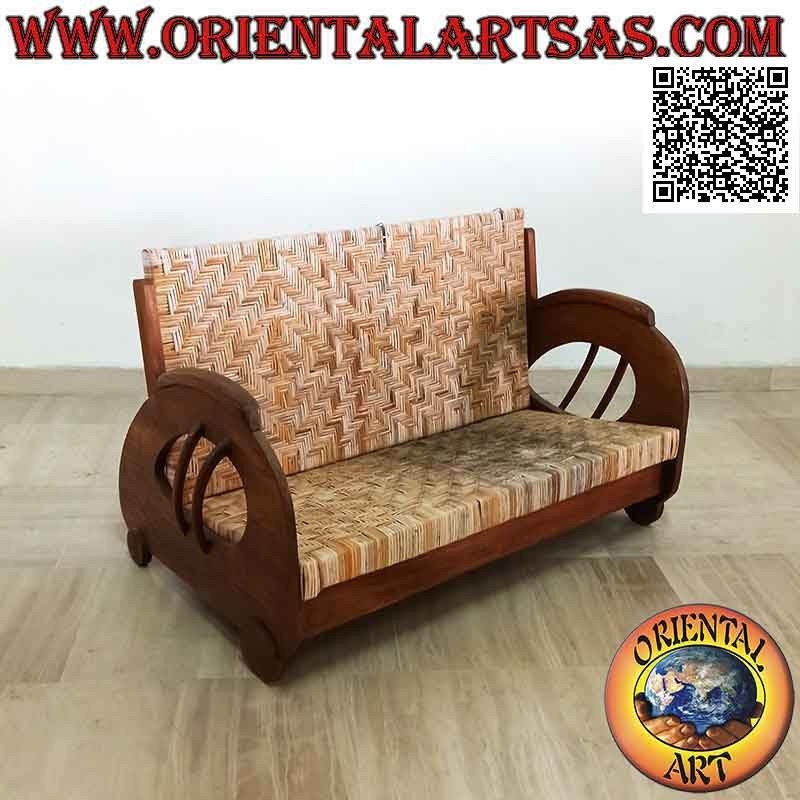 Imperial style low two-seater armchair in teak wood and bamboo (double strap)